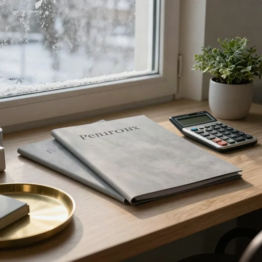 Tre stängda pensionsmappar, miniräknare och växt vid frostigt fönster i vinterljus.