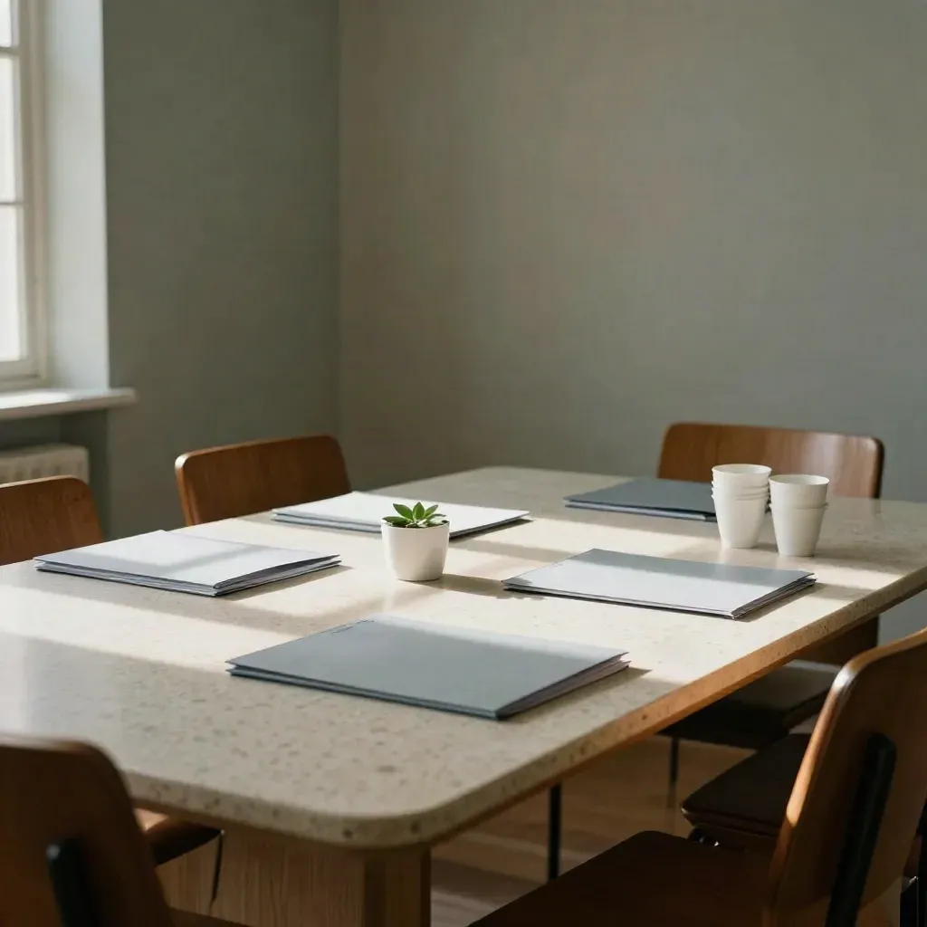 Tre pensionsmappar på ett ljust konferensbord i ett smalt kontor, med växt och staplade koppar.