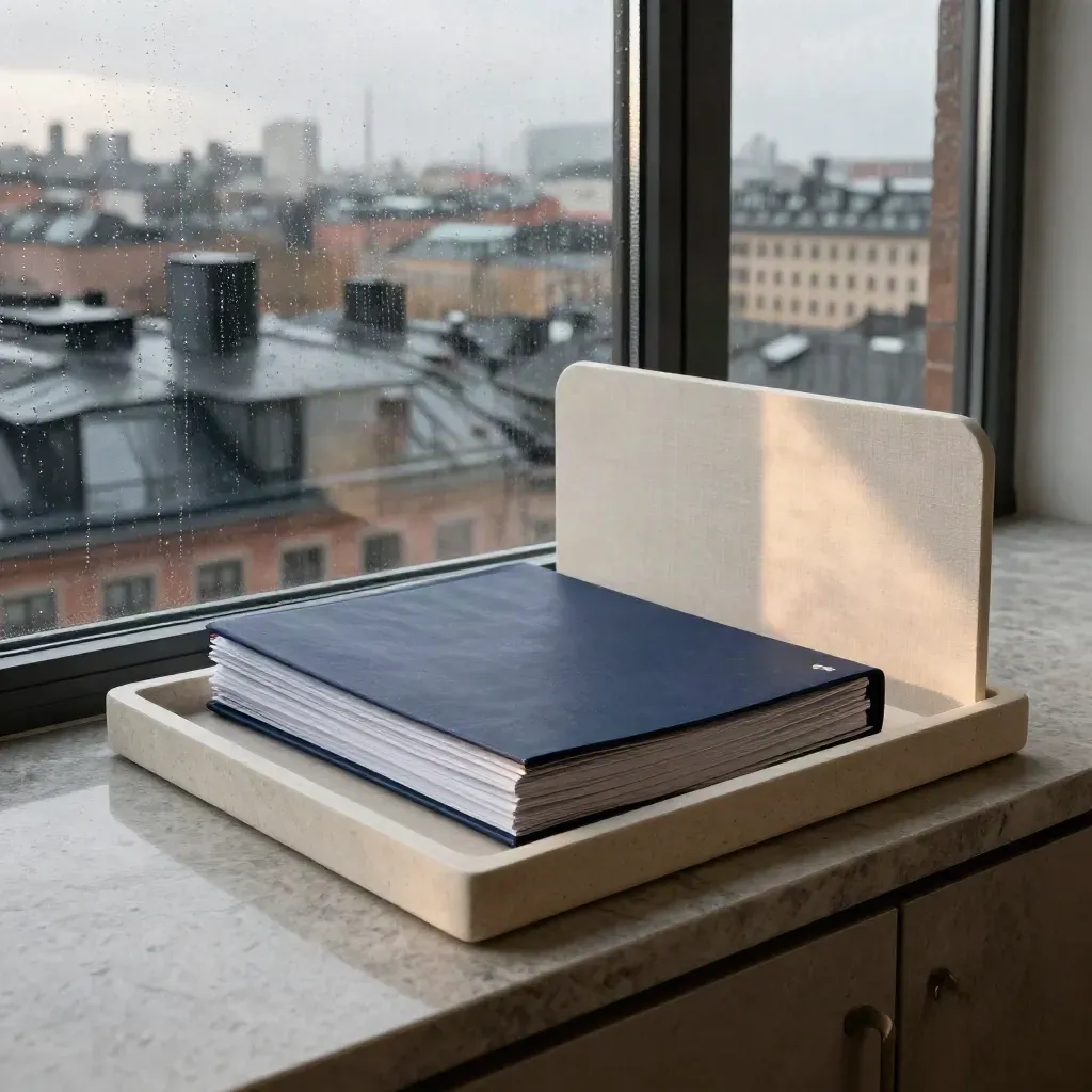 Stockholmskt kontorsfönster med mappar på en stenbricka och regnvåta tak utanför.